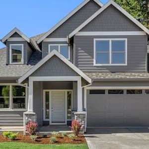 grey suburban house with porch